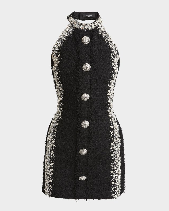 Button-Front Crystal Boucle Halter Mini Dress